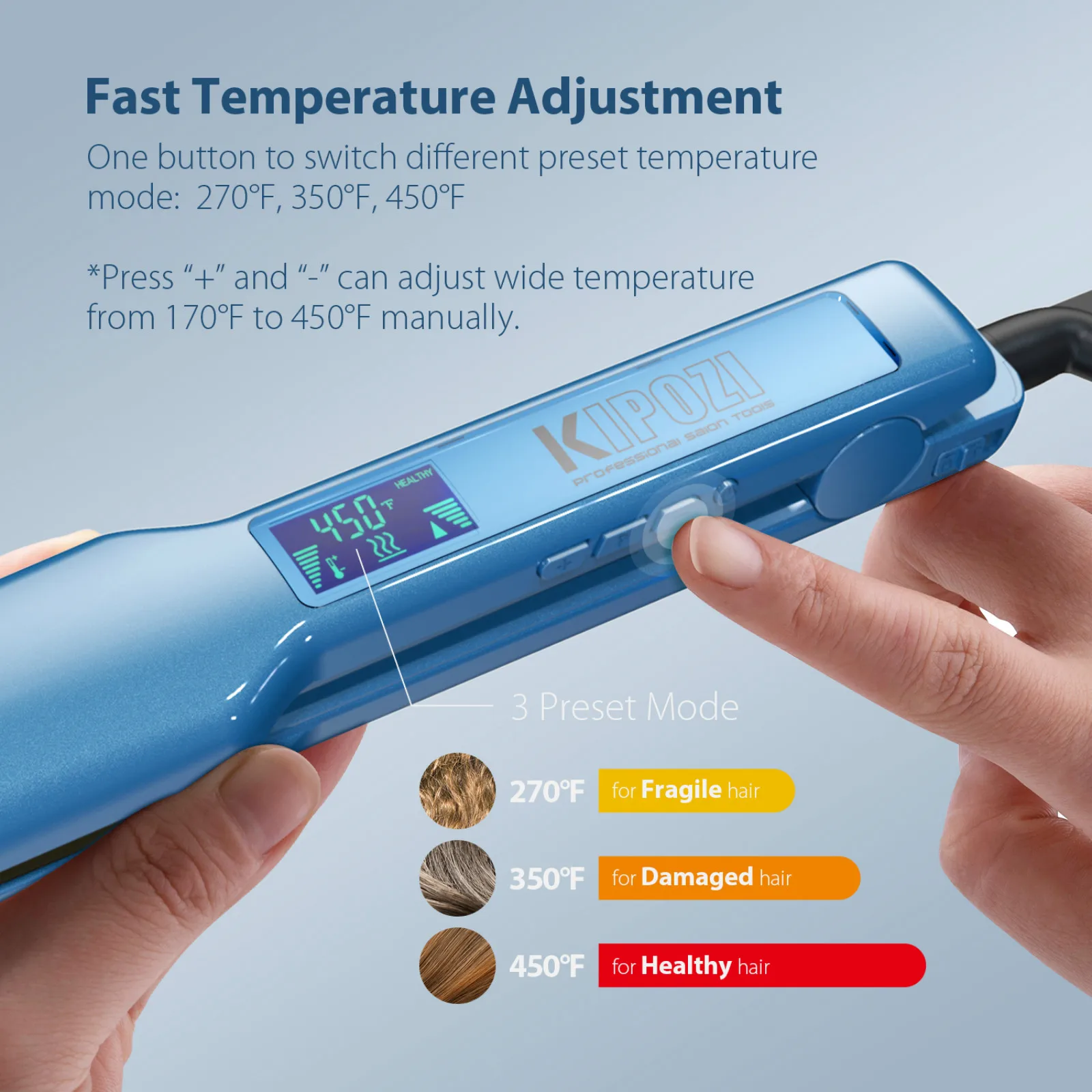KIPOZI Adjustable Hair Straightener 1.75 Inch Wide Titanium Flat Iron Professional Styler LCD Display 30S Fast Heat Dual Voltage 2