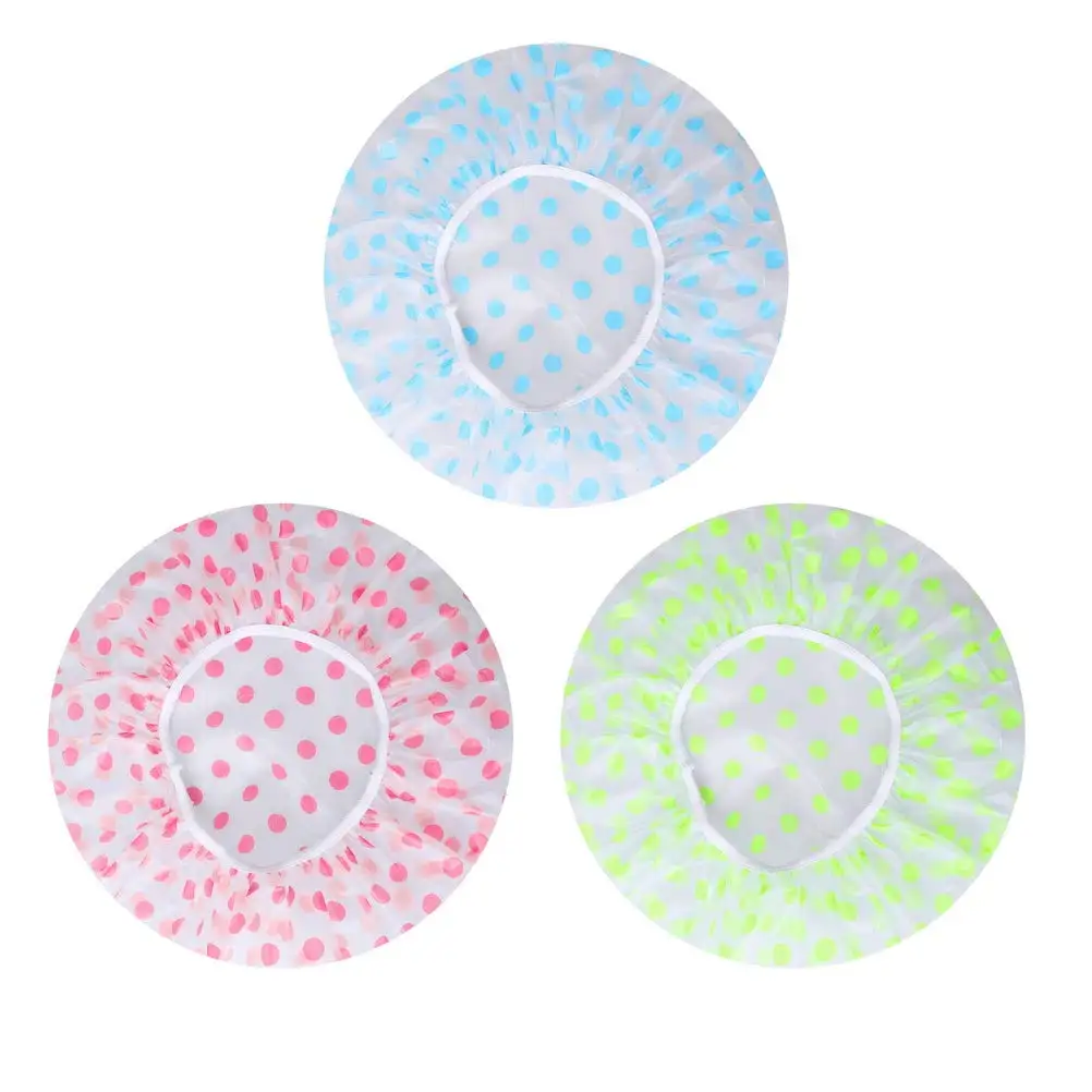 3Pcs Women Shower Cap Waterproof Wide Elastic Band Reusable Bashroom Cap Fashion Wave Point Shower Hat Bathroom Accessories images - 6