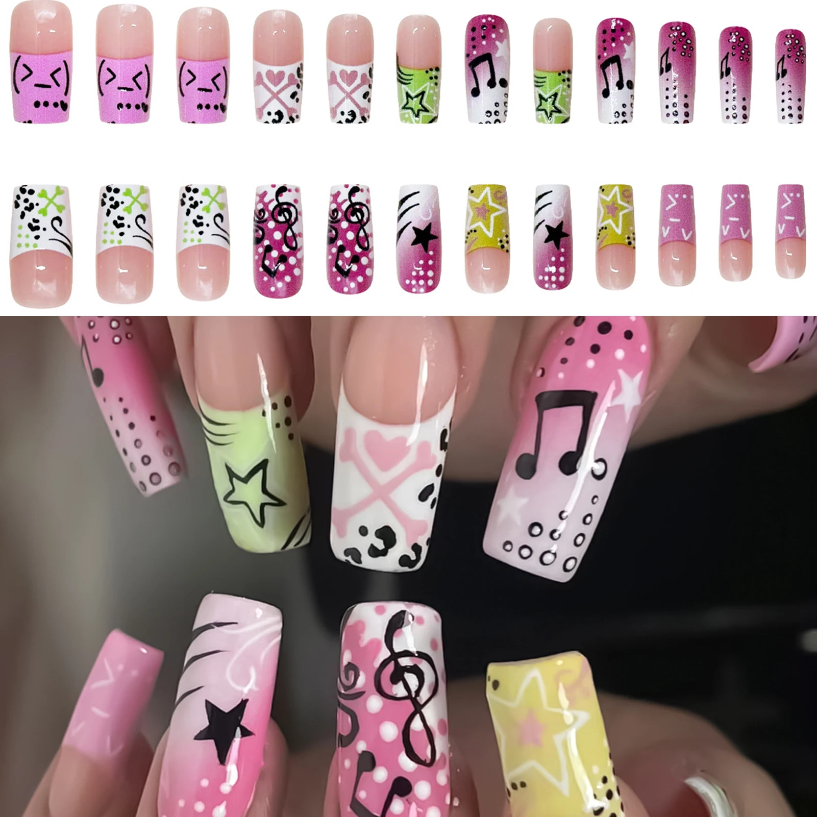 Y2K Girl Style Fake Nails - Musical Note Design