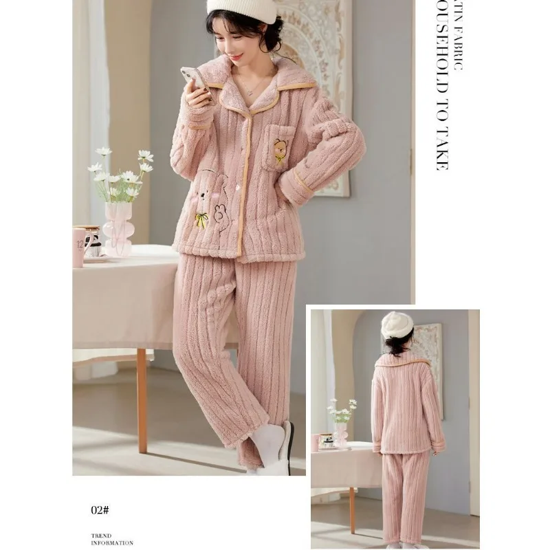 2023 New Sleepwear Women's Autumn Winter Loungewear Coral Plush Doll Neck Sleepwear Cute Long Plush Nightwear Set Warm Homewear