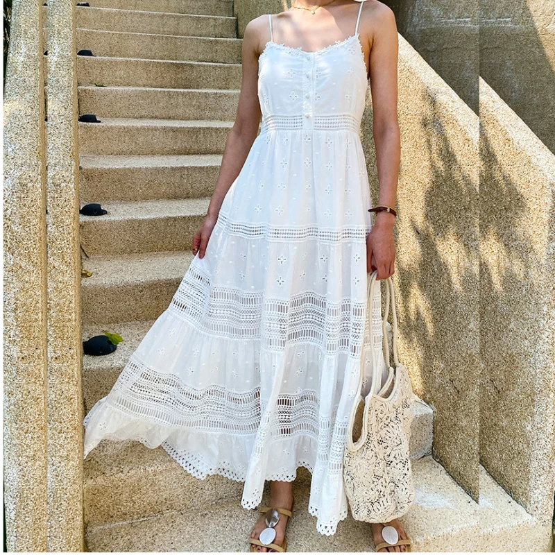 Women's Long Flowy Boho Maxi Dress - Spaghetti Strap Striped Beach Sundress