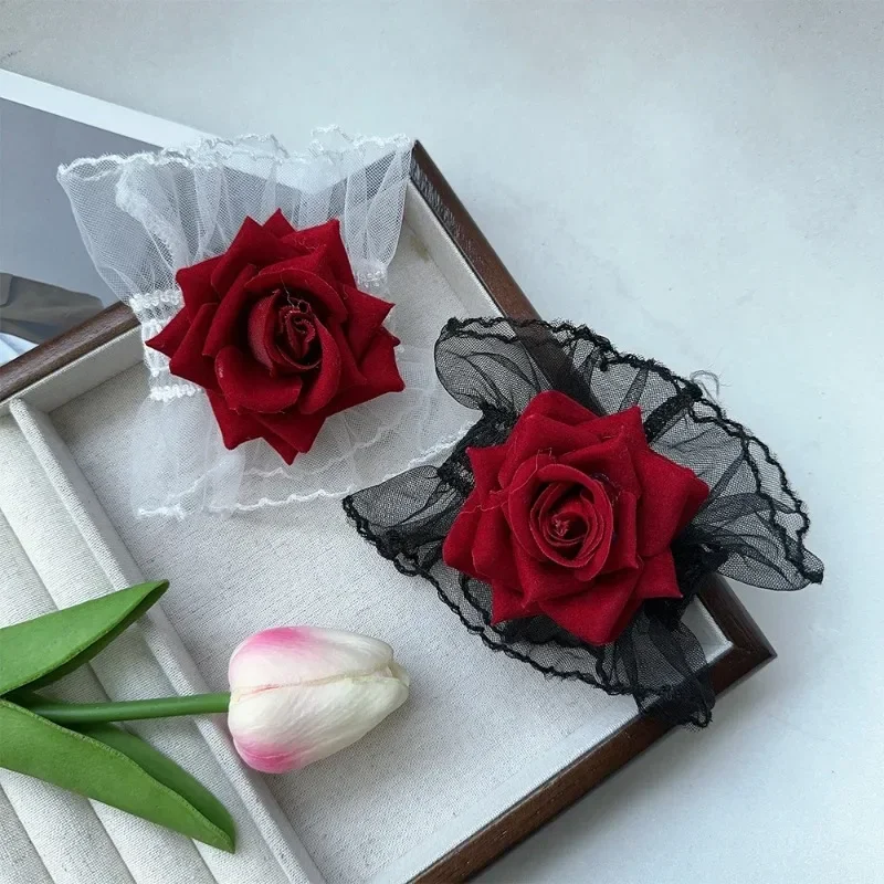 New Fashion Gothic Ruffle Lace Red Rose Wristbands Lolita