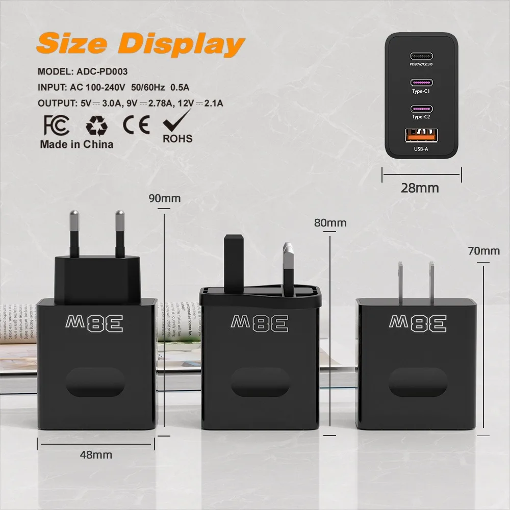4 Ports PD Charger 38W USB Fast Charging Quick Charger 3.0 Type C Mobile Phone Adapter For iPhone 15 Samsung Xiaomi Huawei