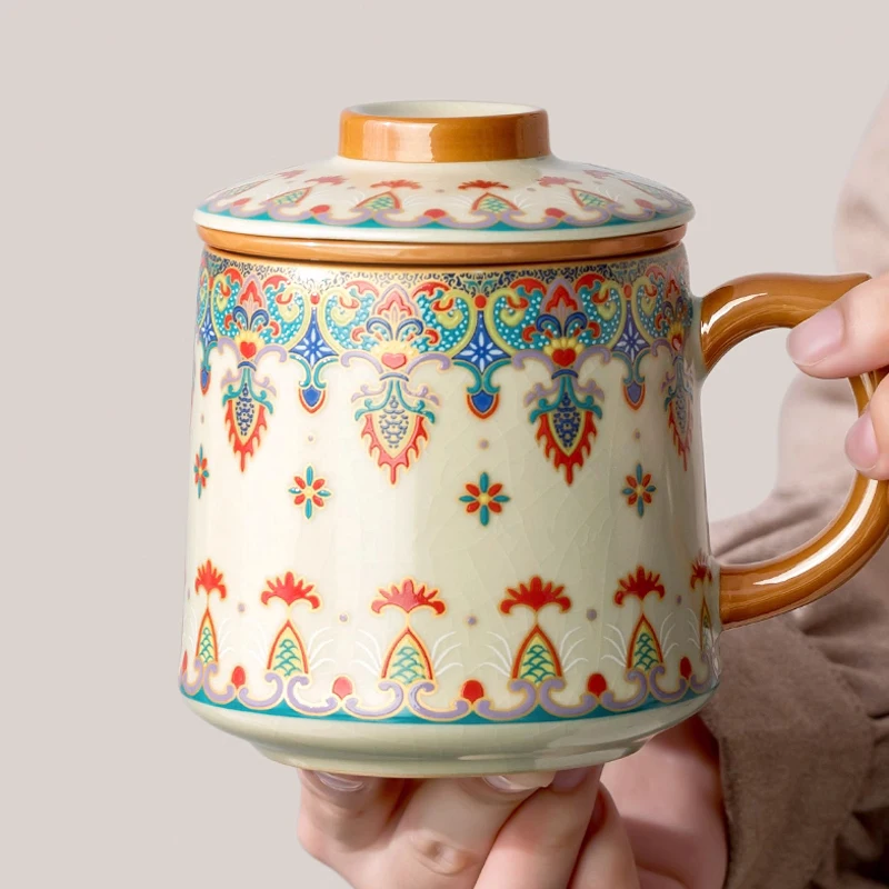 Chinese Style Ceramic Mugs, Home Personal Office Creative Teacup With Cover, Filtered Tea Water Separation, Tea Cups, 400ml, 1Pc