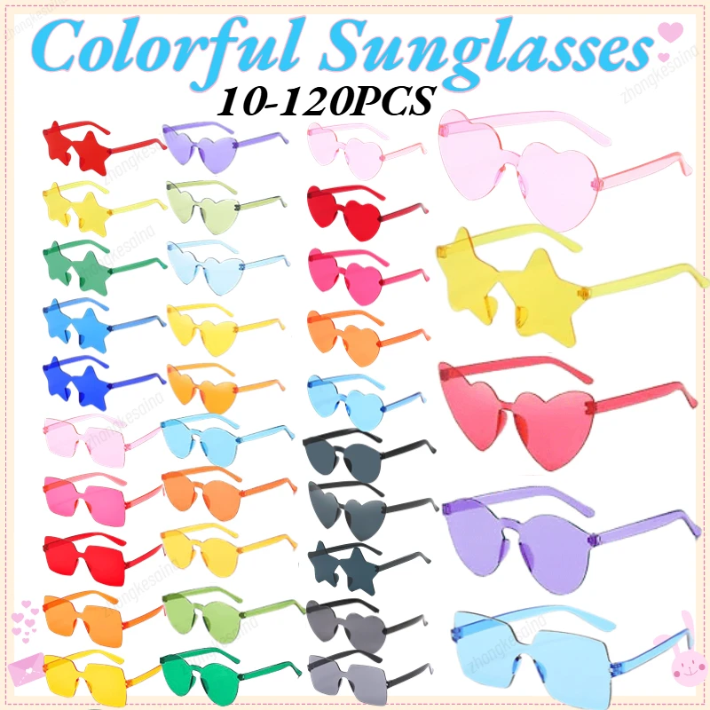 10–120 Stück Party-Herz-Sonnenbrille, Hochzeits-Sonnenbrille für Gäste, Junggesellenabschied, randlose bunte Sonnenbrille, Geburtstags-Foto-Requisiten
