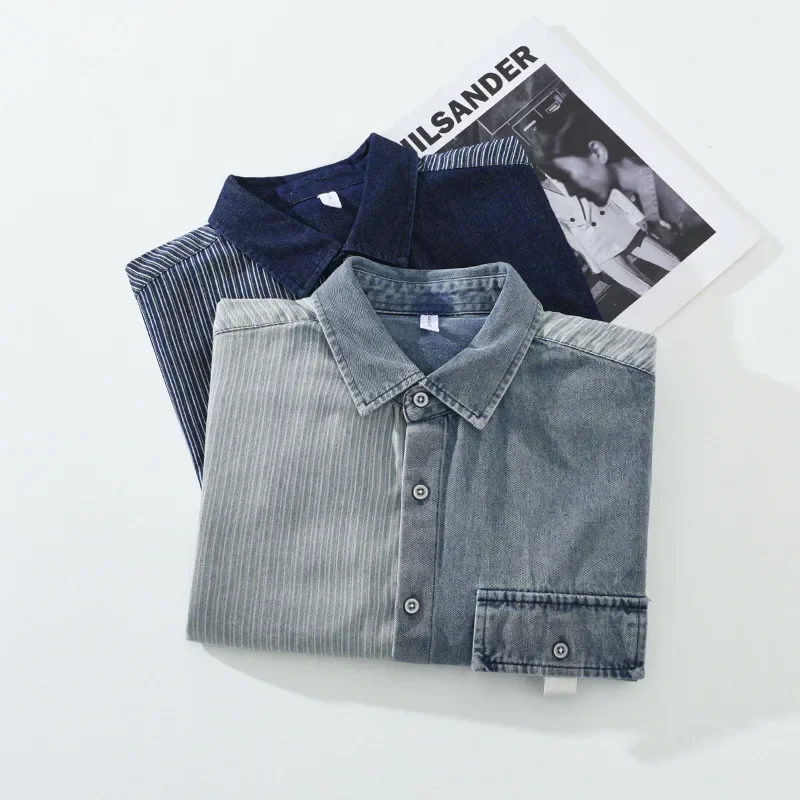 Men's Denim Color Blocking Striped Shirt Casual Loose Fit Long Sleeve Spring And Autumn Wardrobe Piece