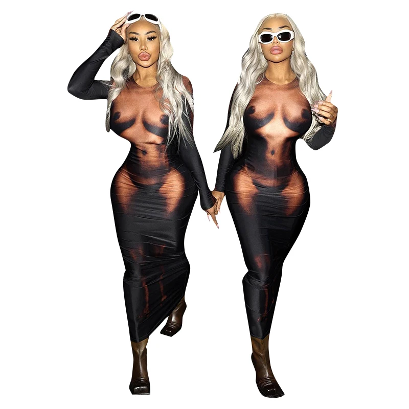 Y2K 3D Body Print Maxi Dress Women Long Sleeve Unique Sexy Body-Shaping Attirewear Robe Party