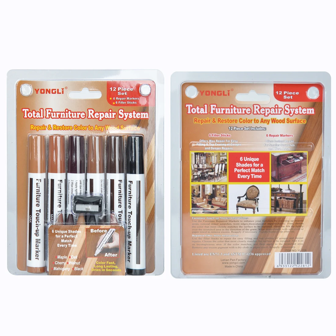 Wood Touch up Markers and Wax Sticks 12 Piece for Repairing 