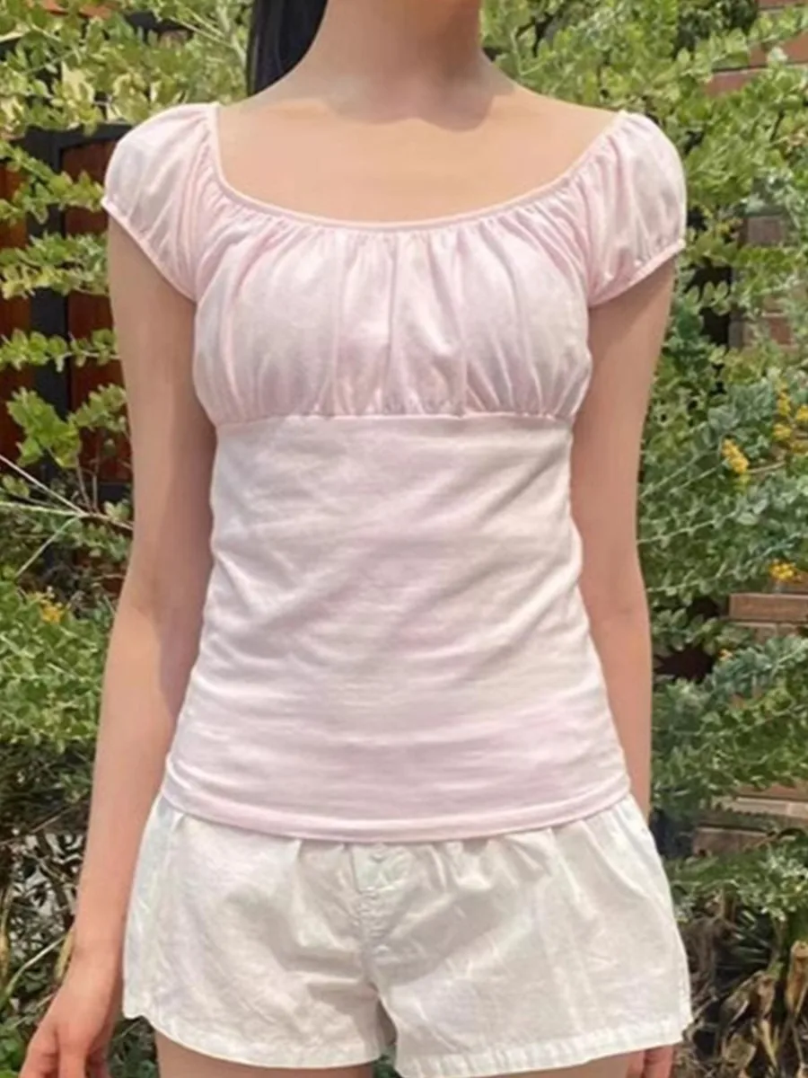 Pink Ruffle Slim Short Sleeve Tee Women Summer Square Collar Cotton Mesh Folds T-shirts Female Aesthetic Sweet Cute Y2K Tops New 3