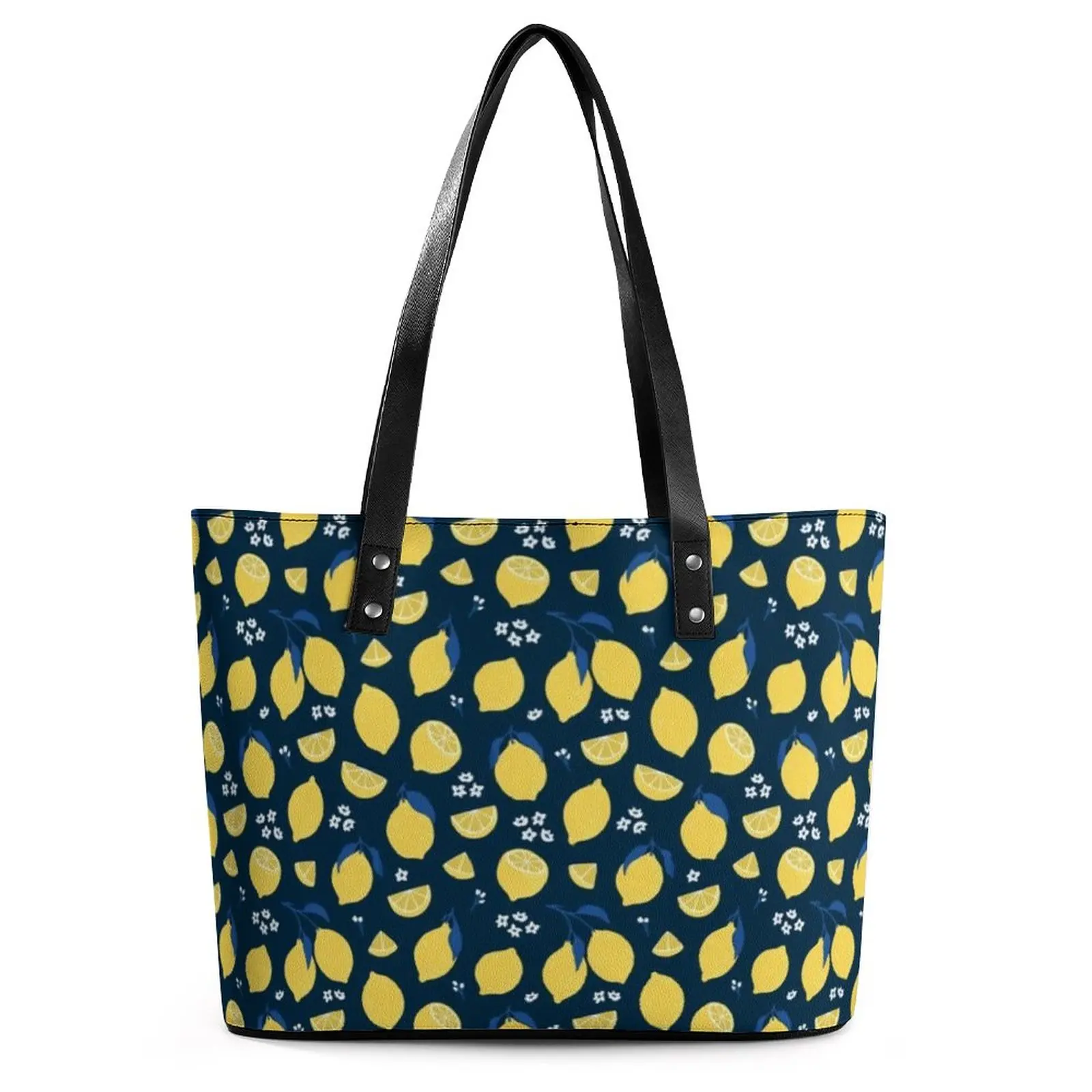 Yellow Fruit Print Handbags Women Lemon Pattern Tote Bag Modern Travel Shoulder  Bag Pocket Graphic PU Leather Shopper Bags