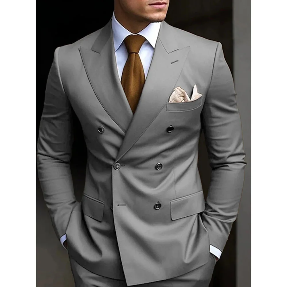 Double Breasted Men Suits Solid Color Peak Lapel Skinny 2 Piece Jacket Pants Formal Weddding Groom Full Set Blazer Homme Terno 2