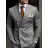Double Breasted Men Suits Solid Color Peak Lapel Skinny 2 Piece Jacket Pants Formal Weddding Groom Full Set Blazer Homme Terno 2