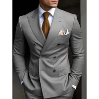 Double Breasted Men Suits Solid Color Peak Lapel Skinny 2 Piece Jacket Pants Formal Weddding Groom Full Set Blazer Homme Terno 2