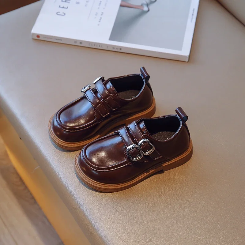 Leather shoes mary jane shoes girls flats Boys Uniform School Shoes Double Buckle Simple Black Spring Soft Casual Kids Fashion Girls Child Leather Shoes Classic