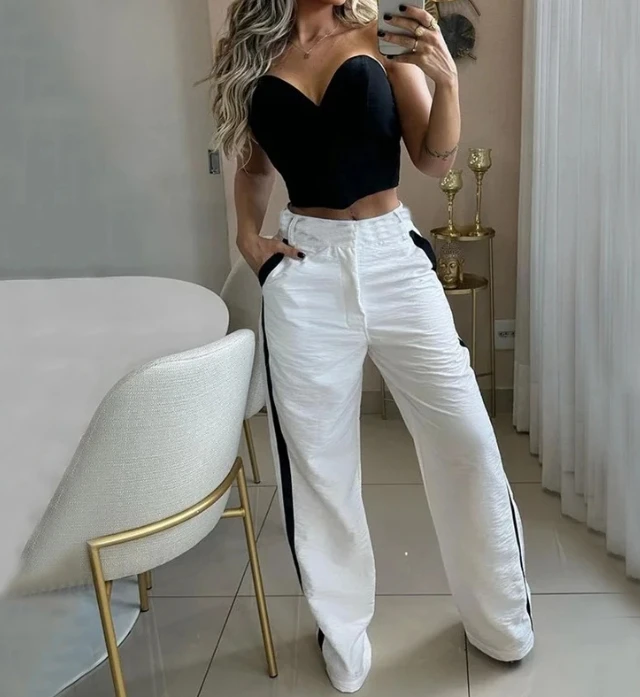 Women Two Piece Set Outfit 2024 Solid Color Strapless Sleeveless Nipped Waist Short Top Loose Pocket Decor High Waist Pants Set