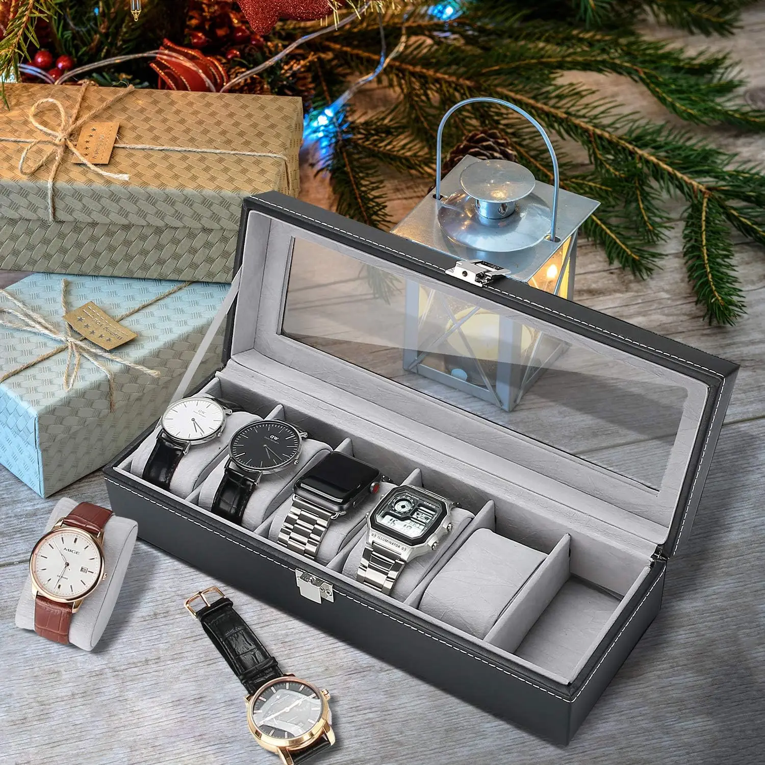 Watch Storage Box Leather Storage Box 6Slot Leather Watch Box Organizer Mens Watch Display Case Jewelry Storage Holder