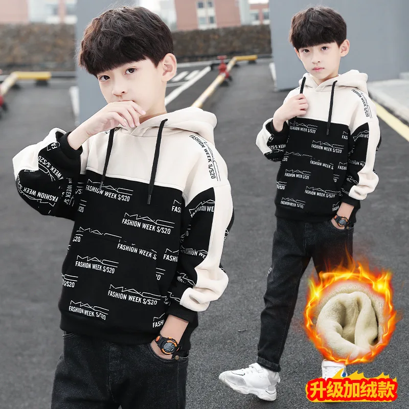 Boys Winter Sweatshirts Hoodie Letter Cotton Pullover Long Sleeve School Children's Costumes Kids Clothes 6 8 10 12 14Years