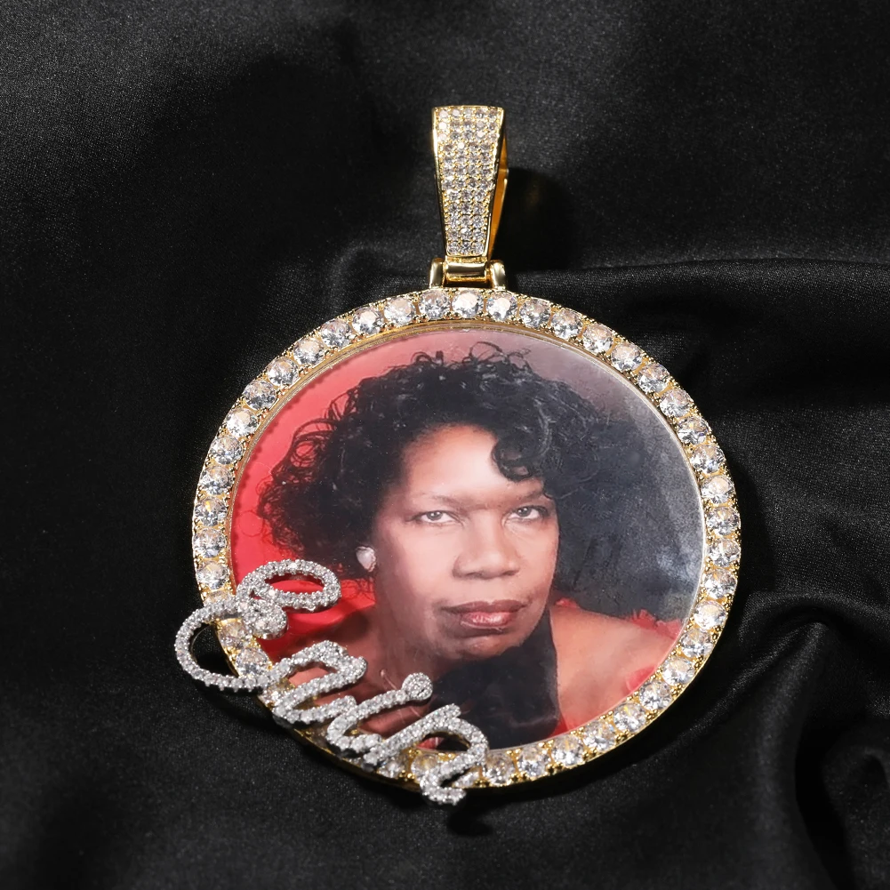 THE BLING KING Custom Cursive Letters Big Round Photo Memory Pendant DIY Picture Chain Necklace Hiphop Jewelry For Family Gift