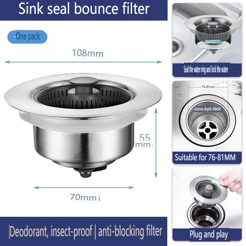 Kitchen Sink Drain Strainer Stainless Steel Pop Up Sink Stopper Anti-Clogging Food Catcher Basket Odor Filter Plug