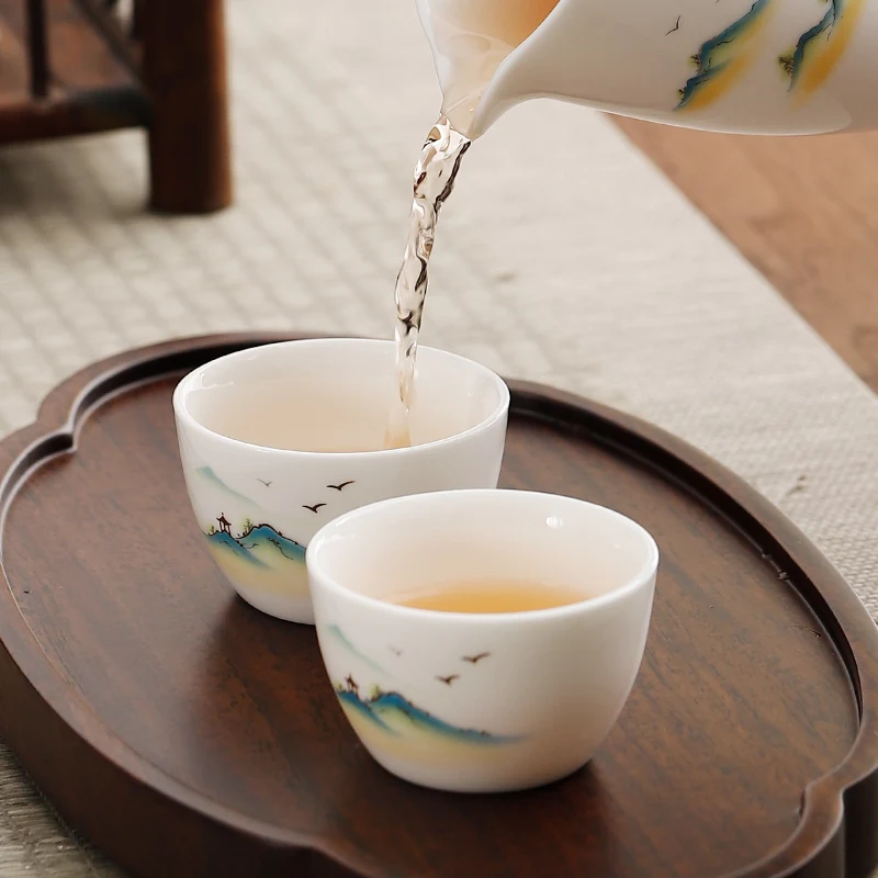 Chinese Style Ceramic Mountain Pattern Single Cup, Jade Porcelain, Creative Kung Fu Teaset Small Teacup for Household Office Use