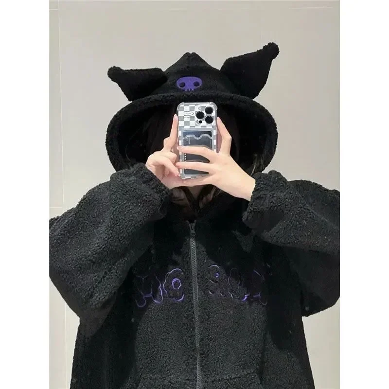 

Sanrios аниме Kawaii Kuromi осень и зима INS ветер милый мультфильм свободный рукав JK академия Стиль Имитация Sherpa Толстовка