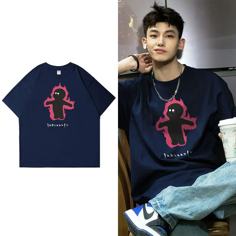 

street fashion brand ins handsome crtoon little fire man printed cotton short-sleeved T-shirt summer loose top for men and women