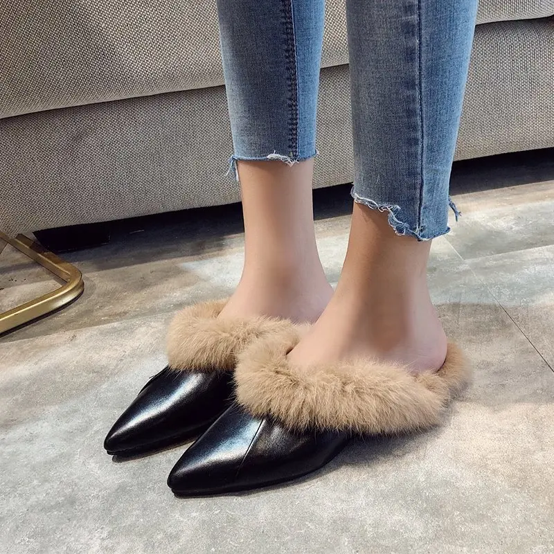 

Pointed plush slippers for women autumn and winter 2023 warm Korean fashionable flat bottomed Baotou slippers Lazy slippers