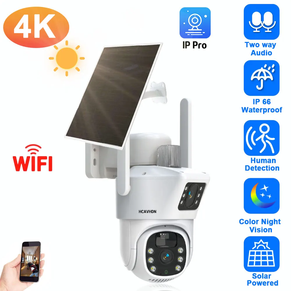 Dual Lens 4G Sim Card Camera Pannello Solare Outdoor Low Powered Cam Color Night Vision Pir Alarm 2 Way Audio 4K Cctv Wifi Camera