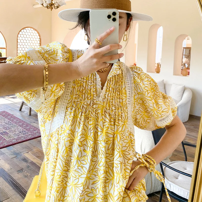 

TEELYNN Floral Print Summer Dress 2022 Casual Puff Short Sleeve Loose Dresses Vintage Lace Collar Beach Wear Maxi Vestidos Lady