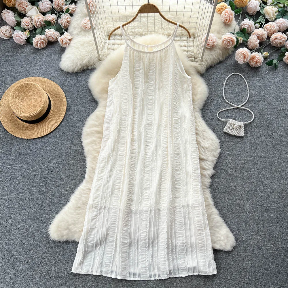 

Summer Gentle Women White Dress Seaside Holidy Loose Spaghetti Strap Midi Vestidos Ruched Folds Female Sleeveless Dresses