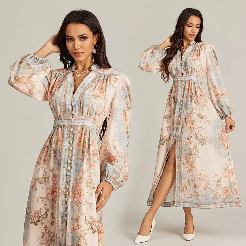 

Women Retro Stand Collar Printed Slit Dress Latern Sleeve Single Breasted Robes Lady Holiday Club Party Vintage Vestido Dress