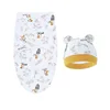 Baby Blanket Hat Set Cartoon Printed Cotton Newborn Swaddle Adjustable Infant Sleeping Swaddle Wraps All Seasons 0-6 Months 1