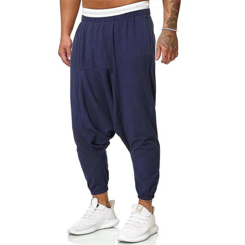 Men Cotton Linen Harem Pants Elastic Waist Streetwear Joggers Baggy Drop-crotch