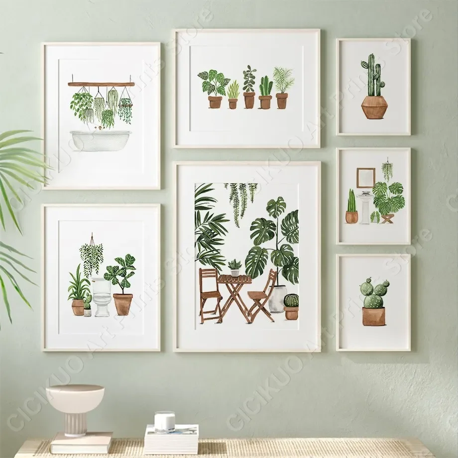 Tropical Plant Monstera Cactus Potted Botanical Wall Art Canvas Painting Nordic Posters And Prints Wall Pictures Bathroom Decor