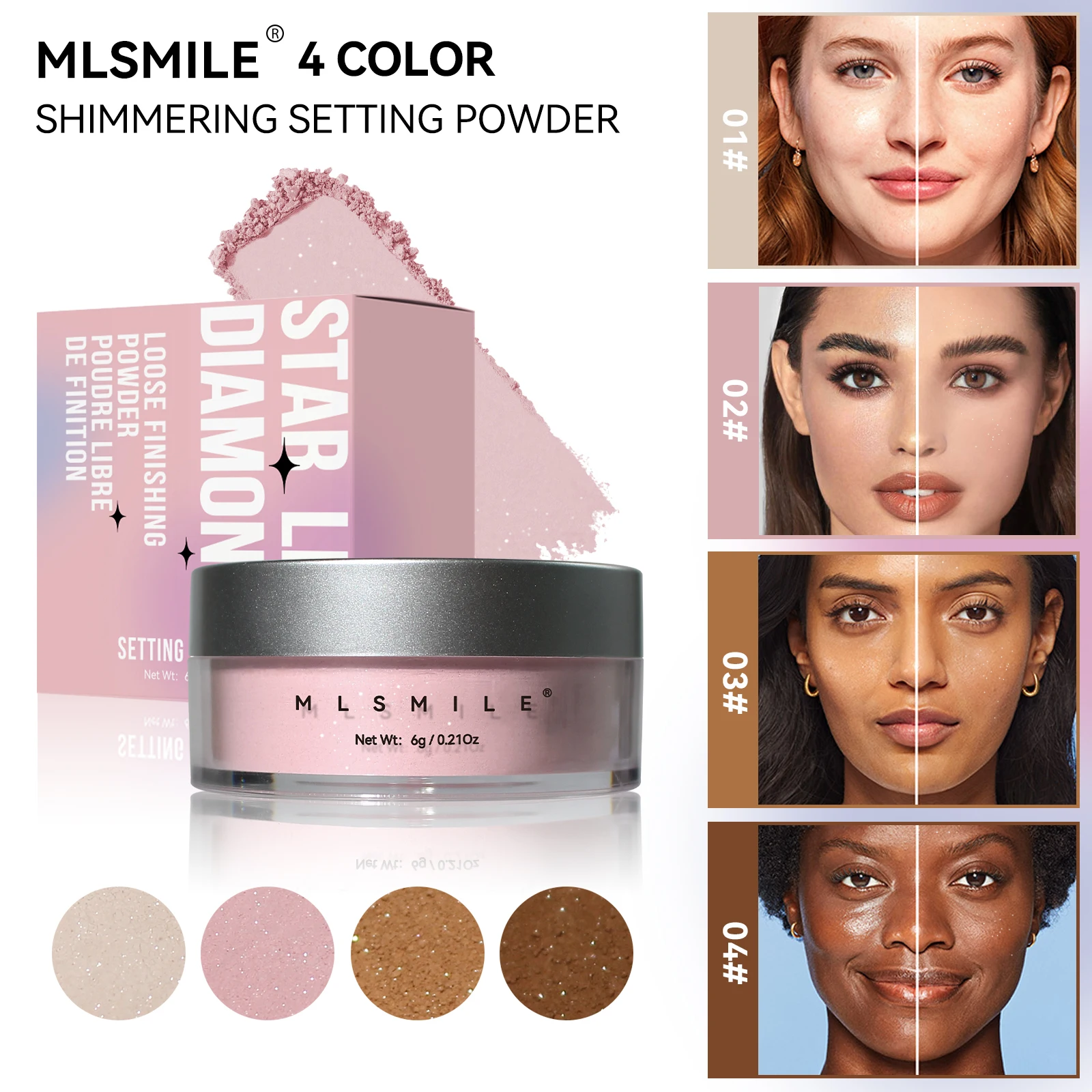 Fine Sparkling Makeup Powder-Long-Lasting Oil Control Matte Finish-4 Color Loose Powder Suitable for all skin tones