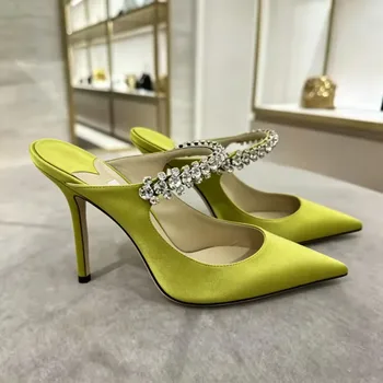 Women's Sandals 2026 New High Heels Fashion Water Diamond Chain Banquet Pointed Fine Heels Women's Muller Shoes 1