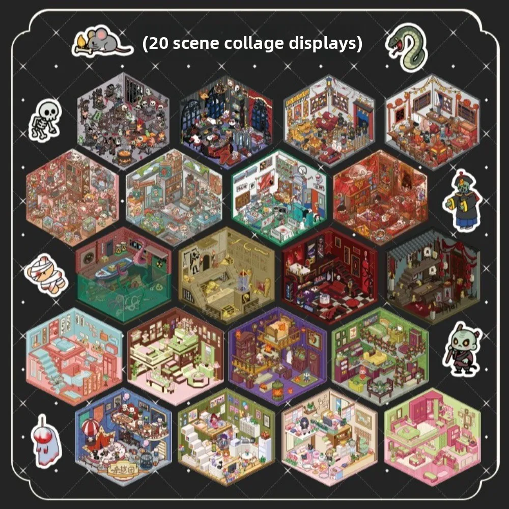Horror Theme Cabin Scene Stickers PET DIY Crafts 3D Miniature Houses Cartoon Town 20 Scene 51 Sheets Pocket Toy Game Book