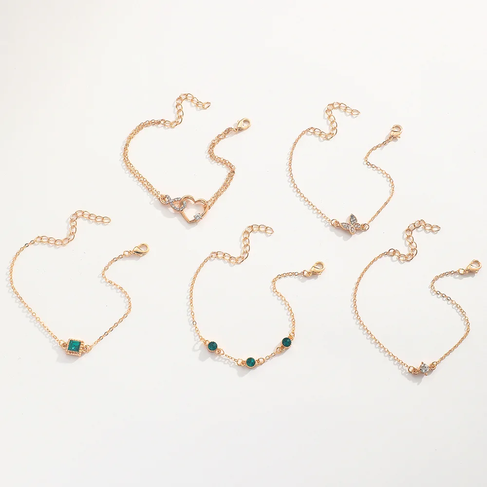 5Pcs Fashion Green Crystal Bracelet Set For Women Butterfly Heart Charm Gold Silver Color Chain Bangle Female Trendy Jewelry - Image 10