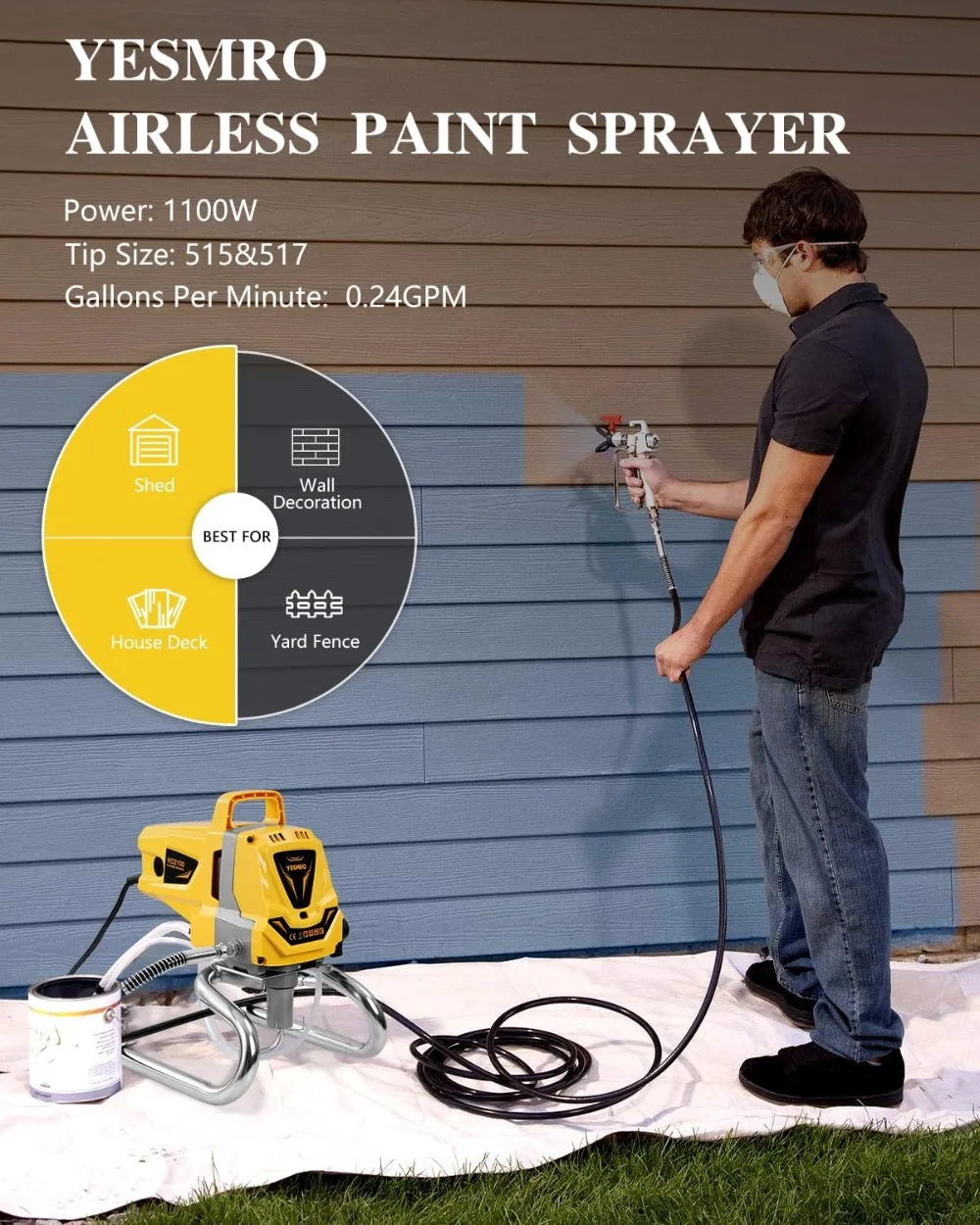 Airless Paint Sprayer for House Painting,3300PSI,1100W,No Need To Thinning,for Home Exterior Fence DIY Garage,with Paint Gun