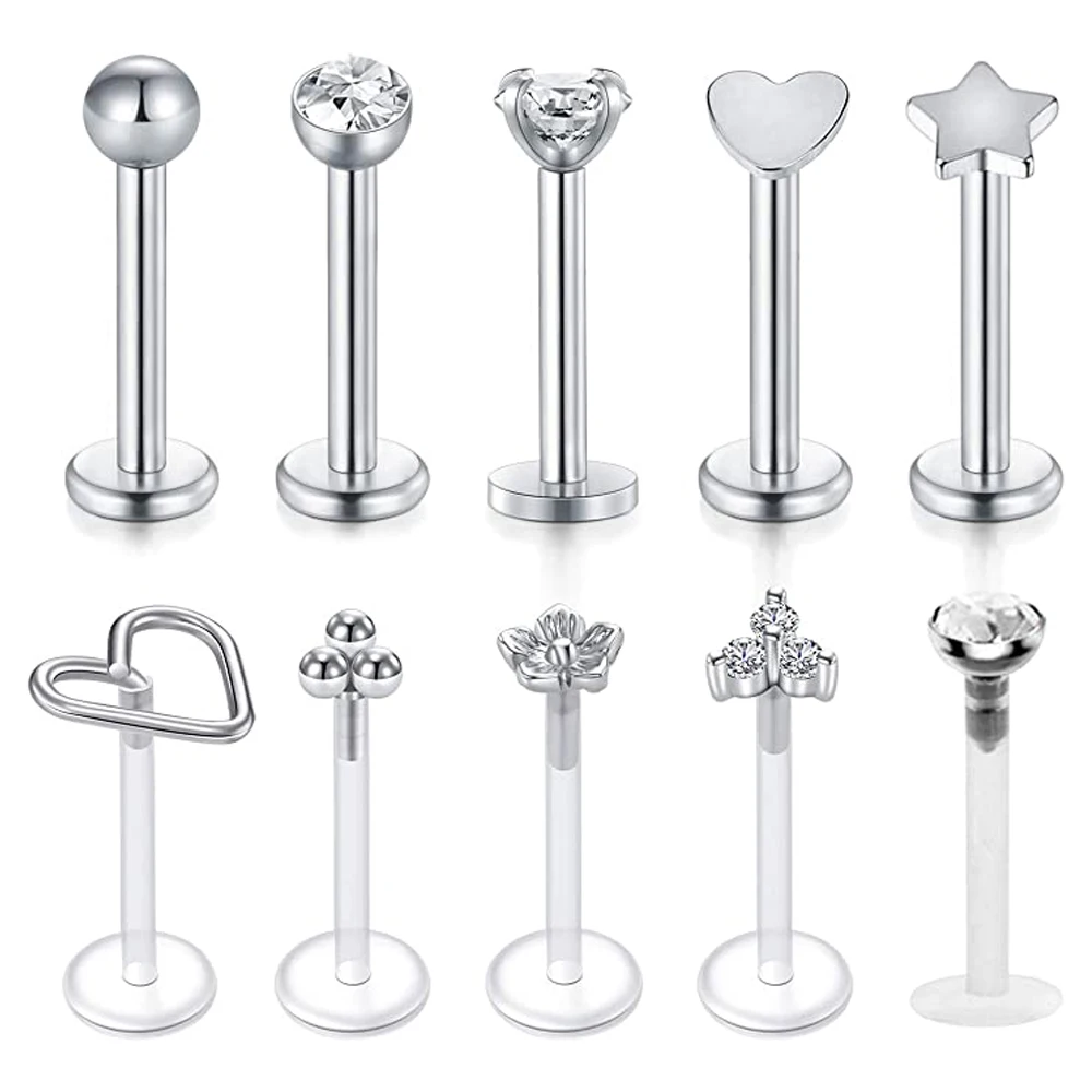16G Forward Helix Earring Cartilage Tragus Earrings Stud Stainless Steel & Clear Flexible Lip Rings Labret Studs Monroe Piercing