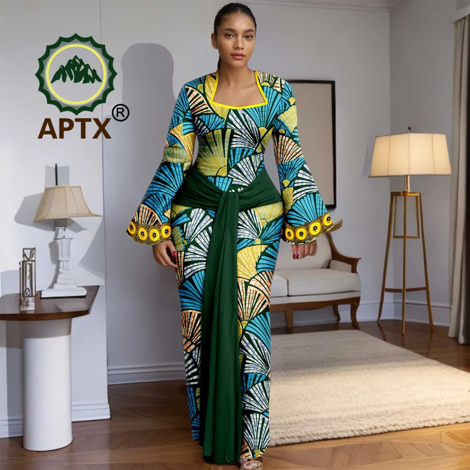 African Dashiki Patchwork Dress For Women - Lantern Sleeve Maxi Dress With Belt (Color-6, XX-Large)