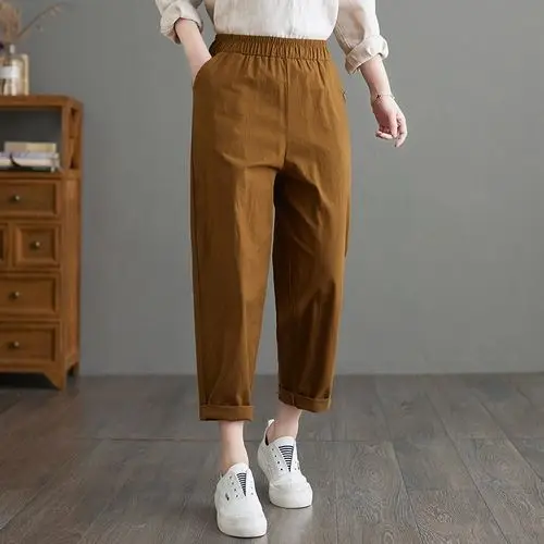 2022 Spring Summer Woman Fashion Elastic Waist Harem Pants Female Pockets Long Trousers Ladies Solid Color Loose Pants T31 women's fashion Pants & Capris