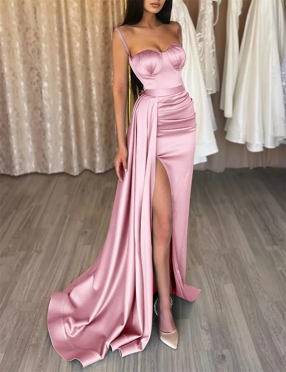 

Trumpet Mermaid High Split Evening Dress Formal Occasion Prom Dresses Spaghetti Strap Sweep Train Satin with Ruched Custom Made