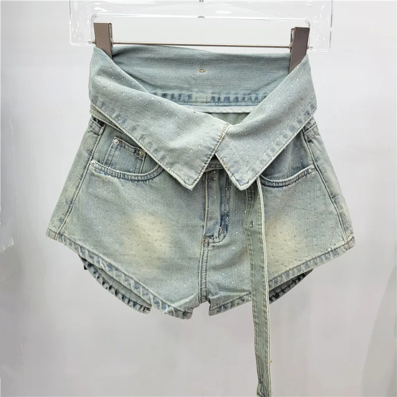 Flanging Irregular Hot Drilling Denim Shorts Women 2024 Spring and Summer Clothing Wide Leg A- Line High Waist Denim Shorts