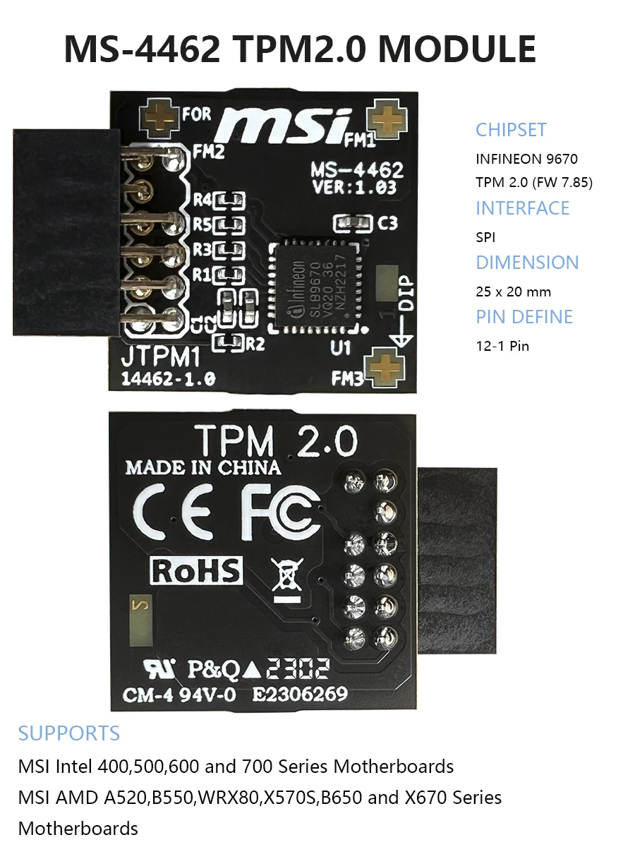 PCパーツ MS-4462 MSI TPM Module 2.0 12-pin MSI TPM 2.0 Trusted Platform 12-Pin SPI Motherboard Module