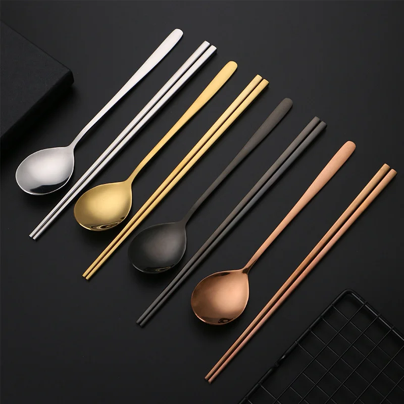 Korean stainless steel food chopsticks spoon set long handle non-slip dessert tableware stainless steel cutlery set