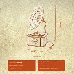 3D Wooden Gramophone Music Box Puzzle Kit - DIY Mechanical Construction Set (FOR ELISE)