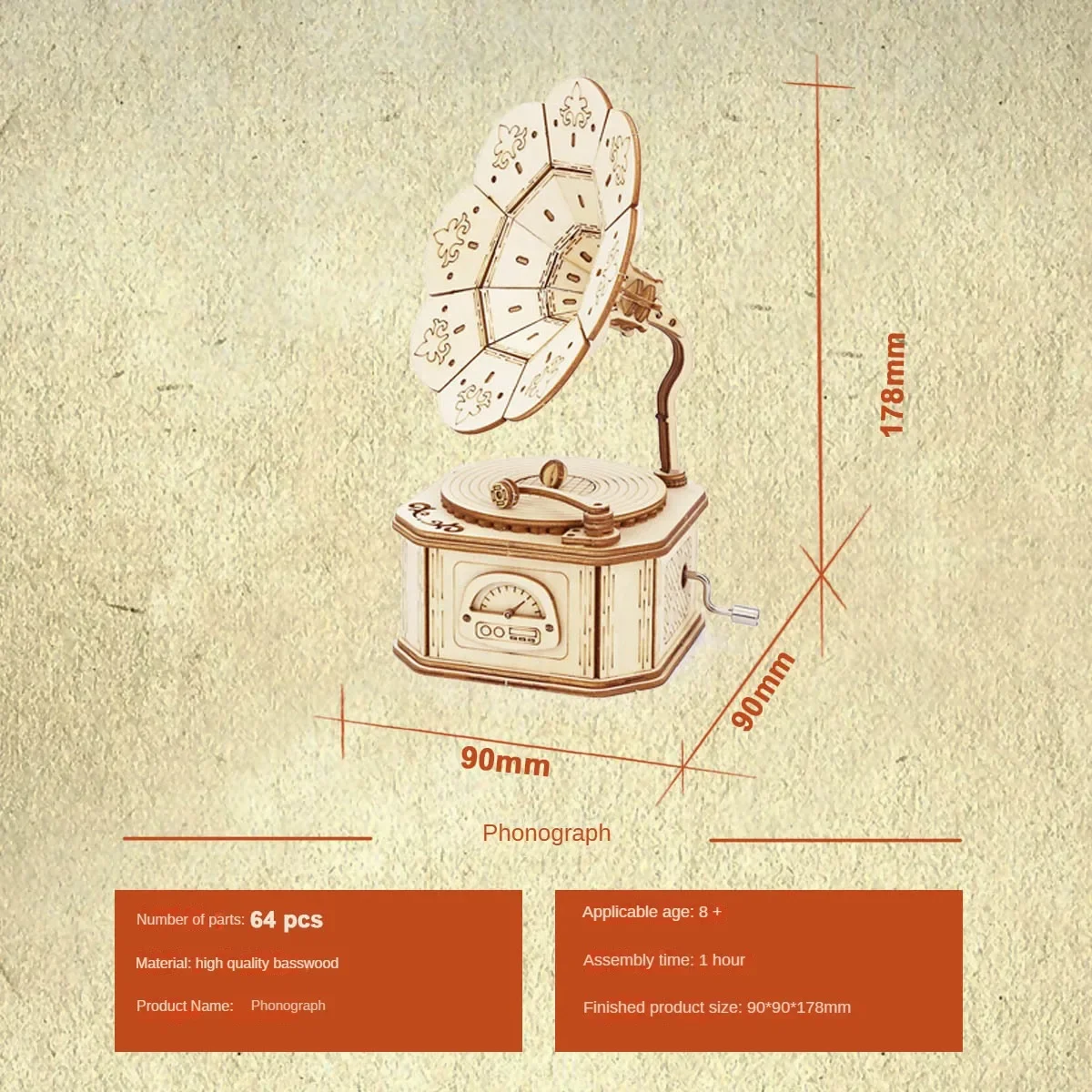 3D Wooden Gramophone Music Box Puzzles Kits for Teen Adults Construction Models Set Toys DIY Assembling Machnical Christmas Gift 6