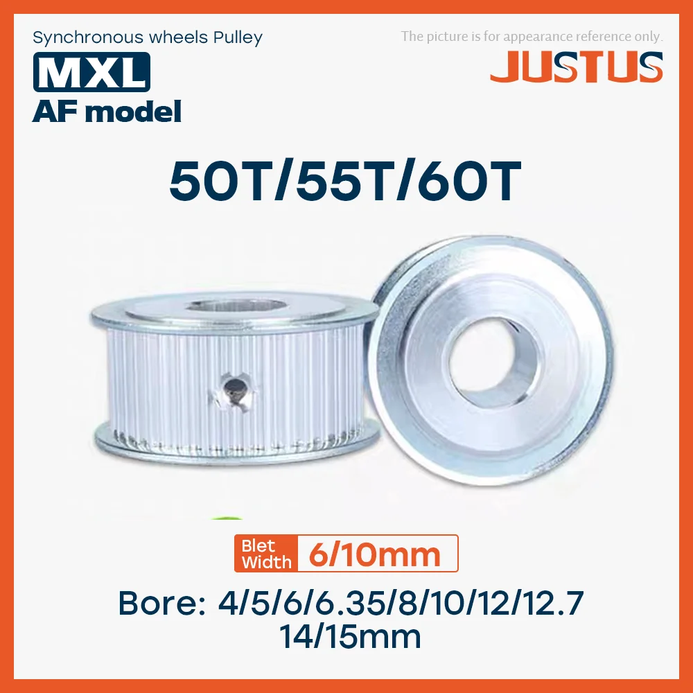 

AF Type 50T/55T/60Teeth MXL Timing Pulley Bore 4/5/6/6.35/8/10/12/12.7/14/15mm for 6/10mm Width Belt Used In Linear Pulley