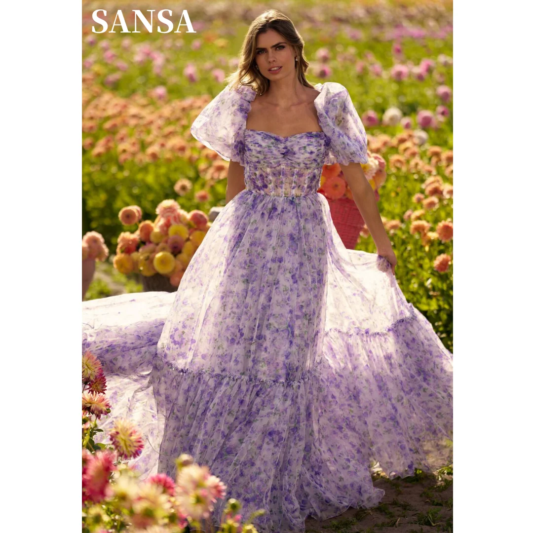 

Sansa Floral Print Prom Dresses A-line Organza vestidos de fiesta Square Collar Puffy Short Sleeves Sweep Train Cocktail Party
